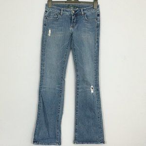 Bebe Womens 28 Distressed Rhinestone Medium Wash Low Rise Flare Leg Blue Jeans